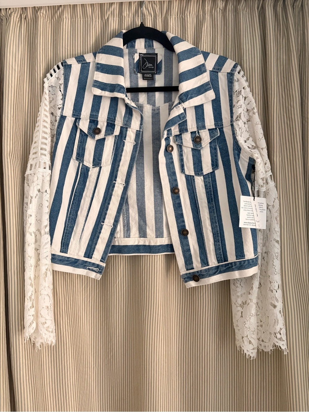 One of a Kind Artist Made Striped Blue & White Lace-Sleeve Jean Jacket